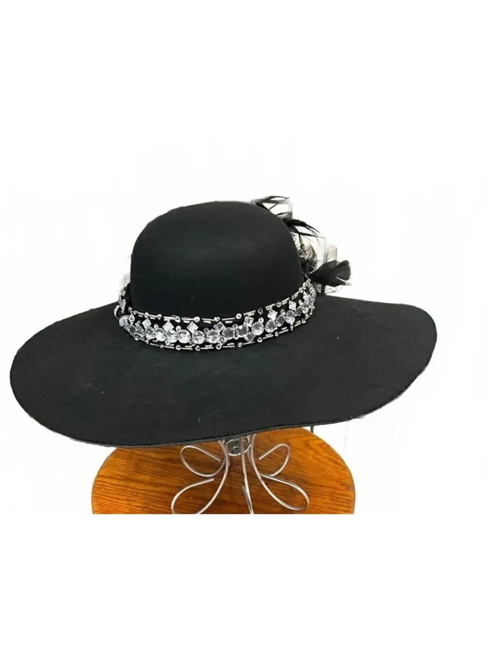 Black Felt Wide Brim Silver Feather Embellished Hat